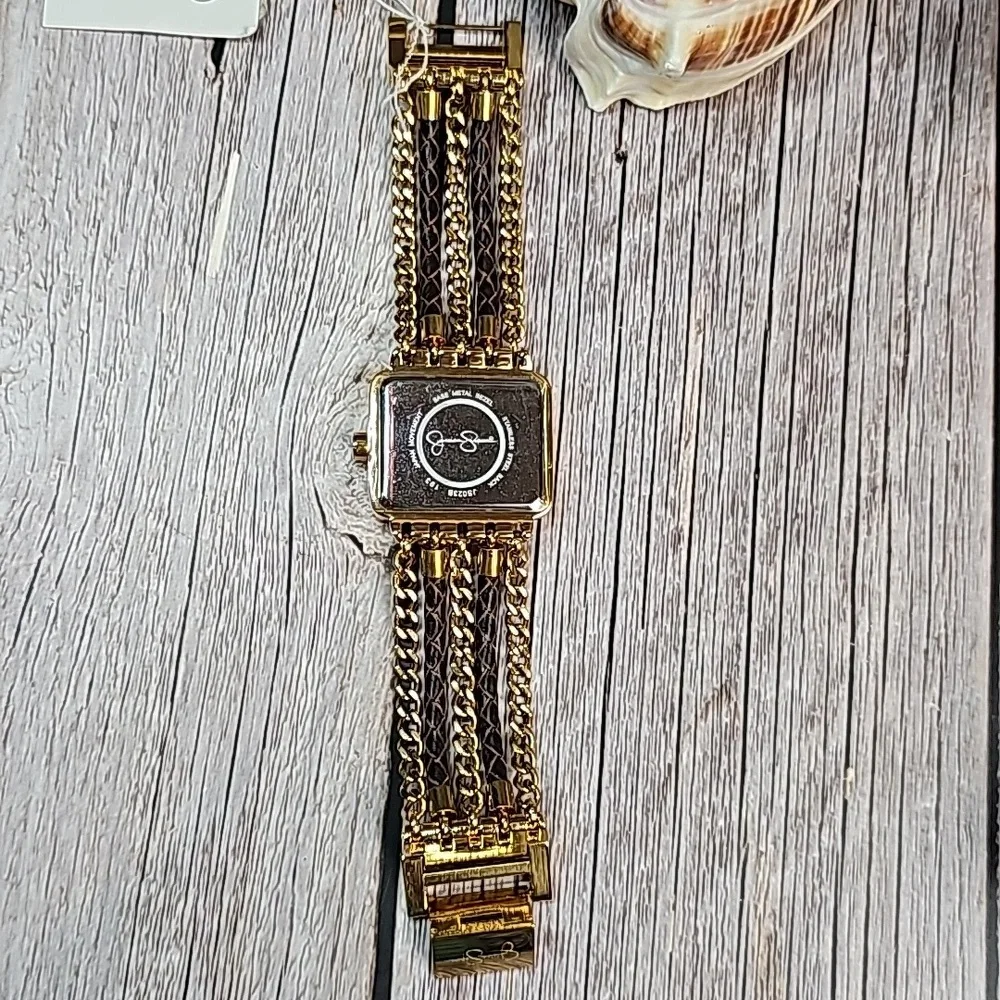NWT JESSICA SIMPSON MULTI-CHAIN BRAIDED BAND GOLD TONE RECTANGLE WATCH